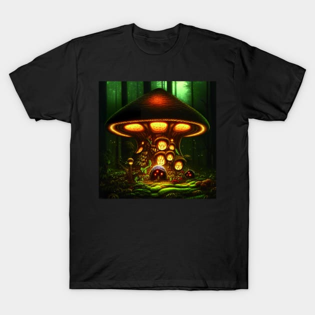 Magical Big Cottage Mushroom House with Lights in Forest with High Trees, Mushroom Aesthetic T-Shirt by Promen Art